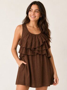 “New Directions Chestnut Ruffle Stud Tank Top – Soft Layered Sleeveless M